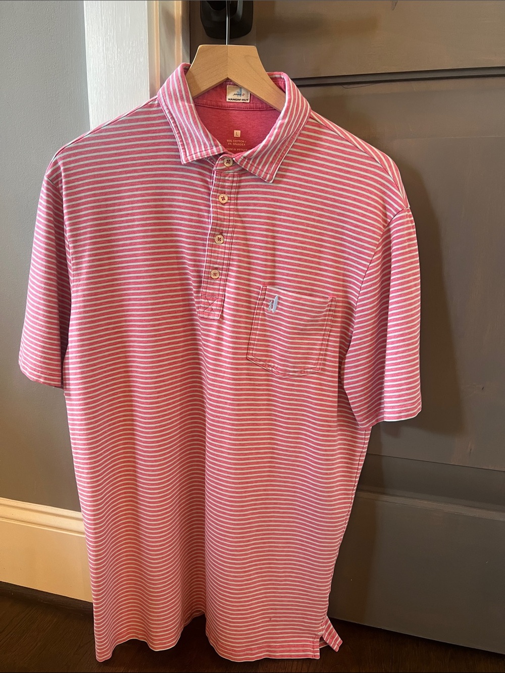 johnnie-O Pink and White Striped Polo with Chest Pocket